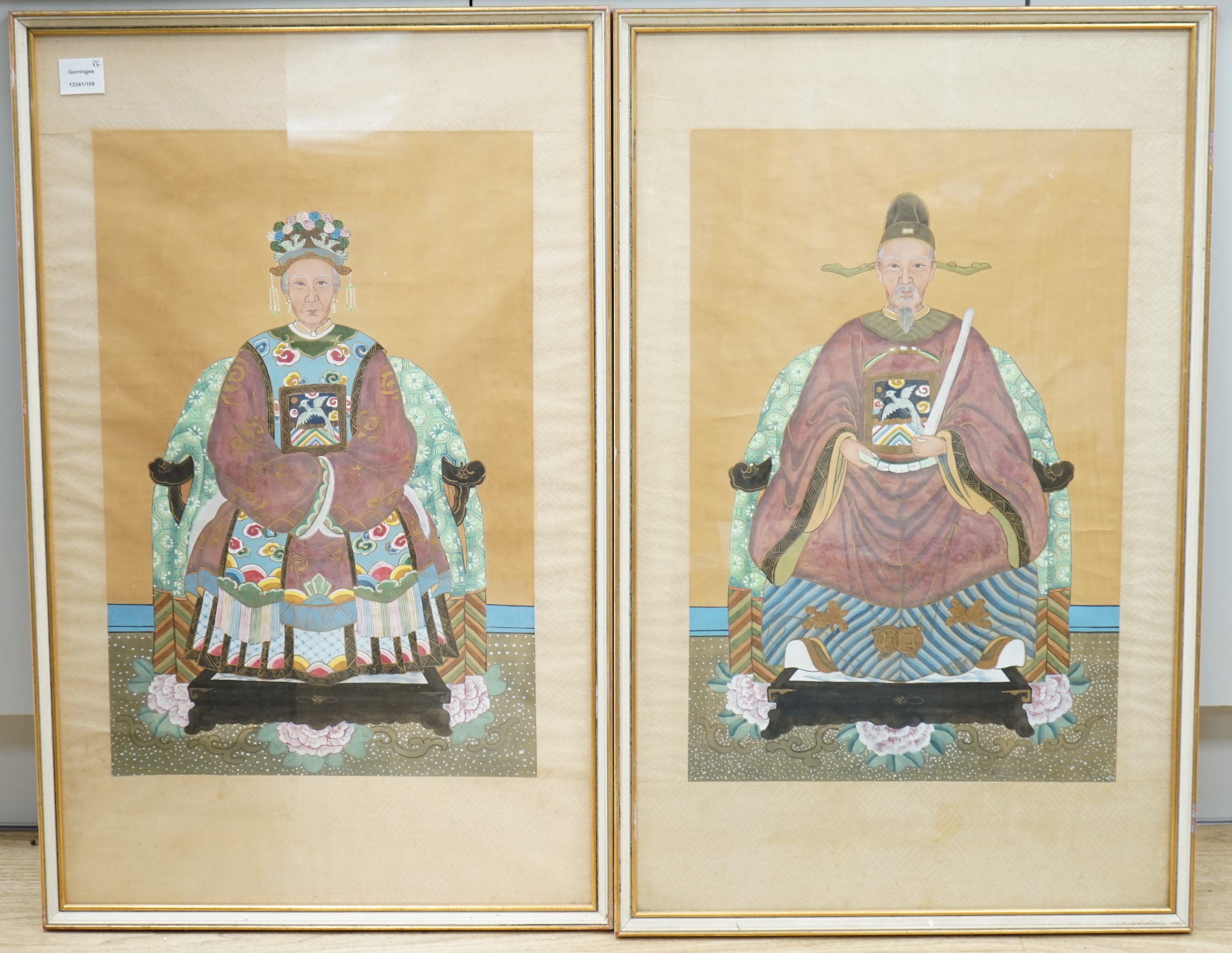 A pair of Chinese School watercolours on silk, Ancestral portraits, 60 x 39cm